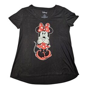 Disney Minnie Mouse Graphic T-Shirt Womens Medium Black V-Neck High Low Hem Soft
